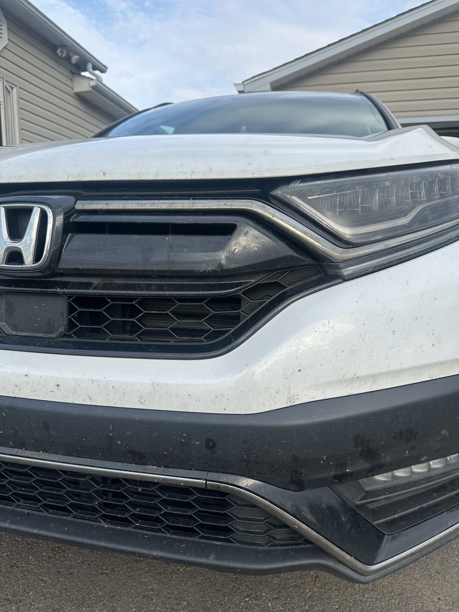 Dusty, dirty white SUV grille and hood before detailing